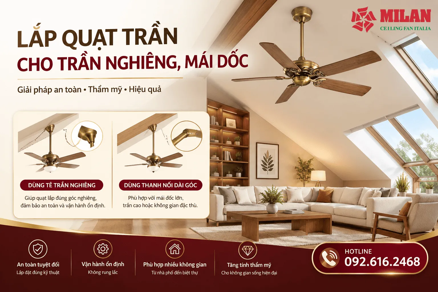 lắp quạt trần mái nghiêng, mái dốc
